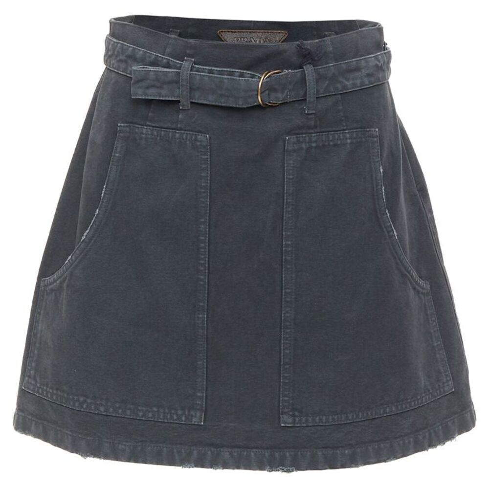 Prada washed denim leather cargo pocket belted mini skirt